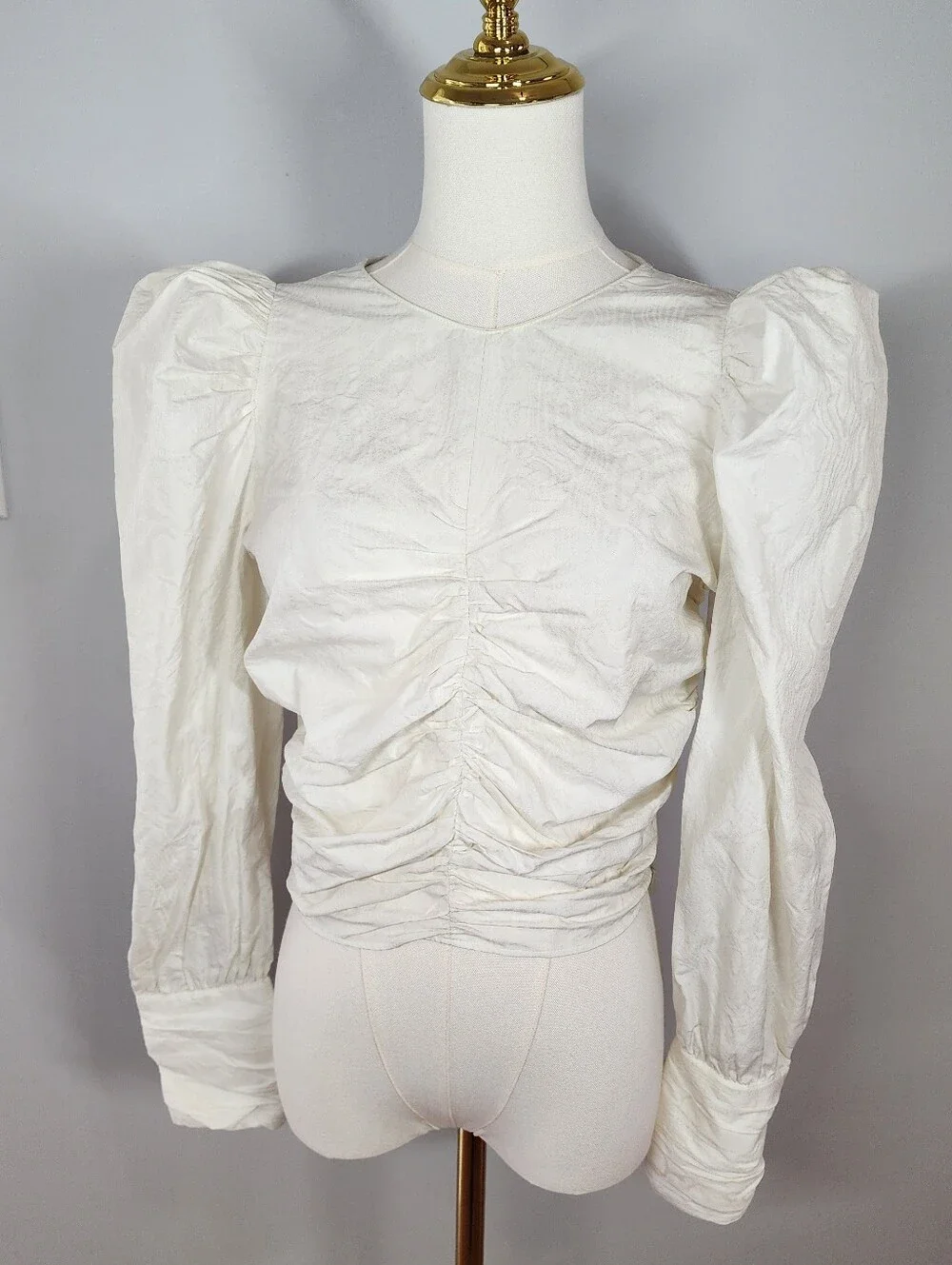 ZARA Off-White Gathered Jacquard Blouse Puff Sleeves Ruched Front Size S
